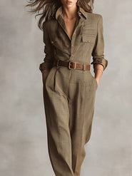 Brauner, eleganter Tweed-Textur Karo Utility Jumpsuit