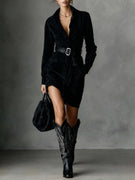 Wildleder Einreiher Revers Langarm Midi Kleid